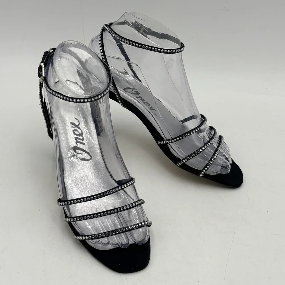 Onex Heels Womens 6.5M Black Rhinestone Strappy Sandals Slingback USA Formal